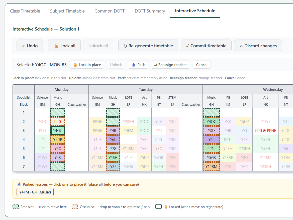 Interactive timetable editor with move, swap, park and lock controls